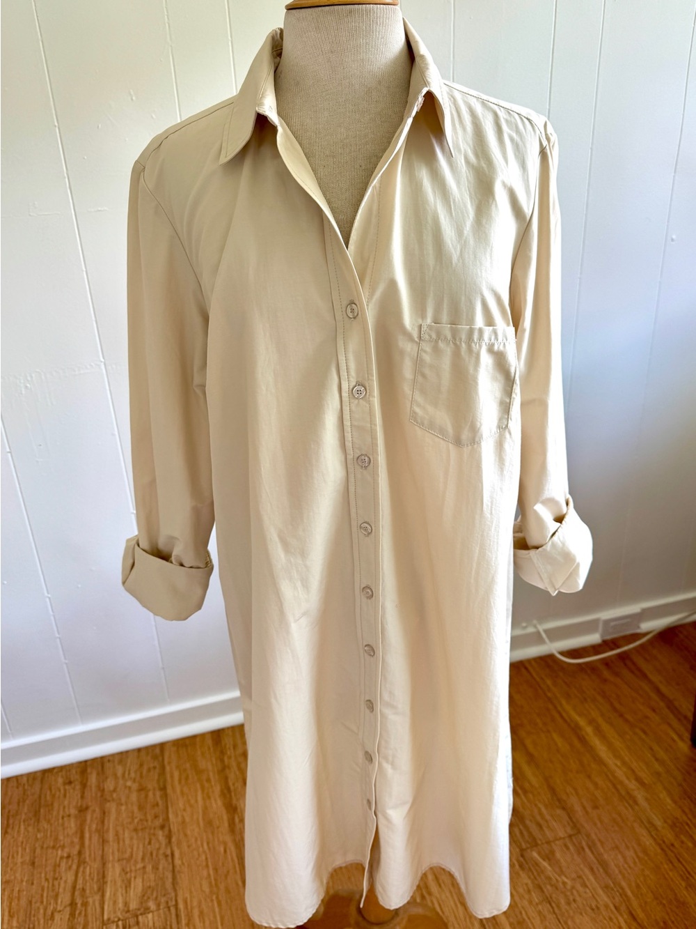 Beige Finley 3/4-Sleeve Cotton Shirt Dress (Size L)